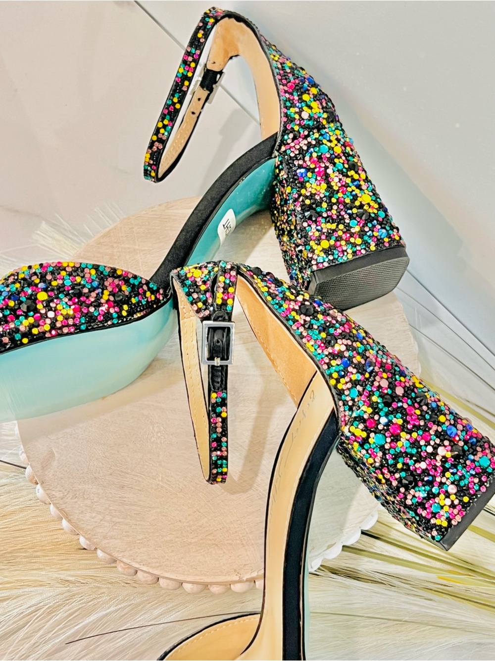 Betsey Johnson Black Multicolor Beaded Block Heel - Picture 6 of 16